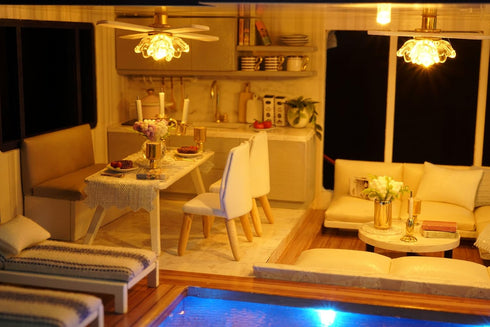 Swimming CUTEROOM Miniature House Kit, DIY Dollhouse Kit for Adults to Build, Mini House Making Kit with Furnitures