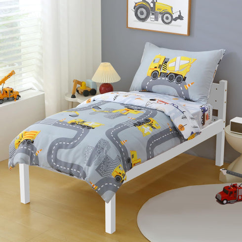 Set 4 Set Grey Construction Cars Toddler Bedding for Boys, Piece Reversible Lightweight Truck Highway Toddler Comforter