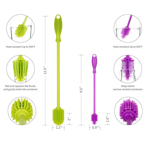 2 Set, A2S A-Brush Silicone Bottle Cleaner Brush, Piece Flexible, Long Handle - Water Bottle Cleaner, Baby Bottle
