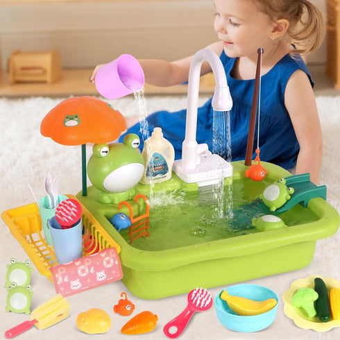 BHYDRY Play Sink with Running Water, Kitchen Sink Toy with Functional Faucet, Play Food and Kitchen Accessories