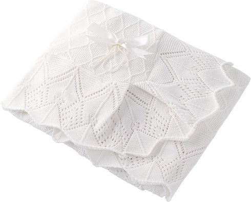 38X39 Booulfi Knit White Baby Blankets Neutral,Crib Stroller Newborn Blankets for Boys Girls,Cotton Lace Crochet Winter