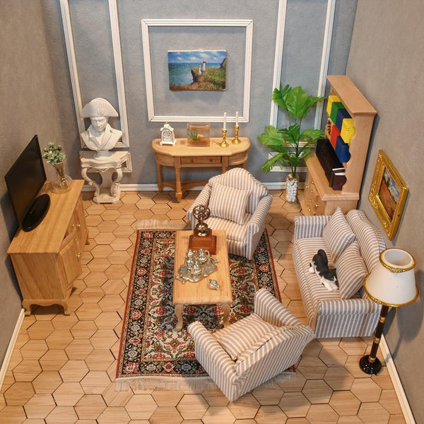 iLAND Miniature Wooden Dollhouse Furniture Set: Sofa, Cabinets, Coffee Table for Living Room (7pcs)