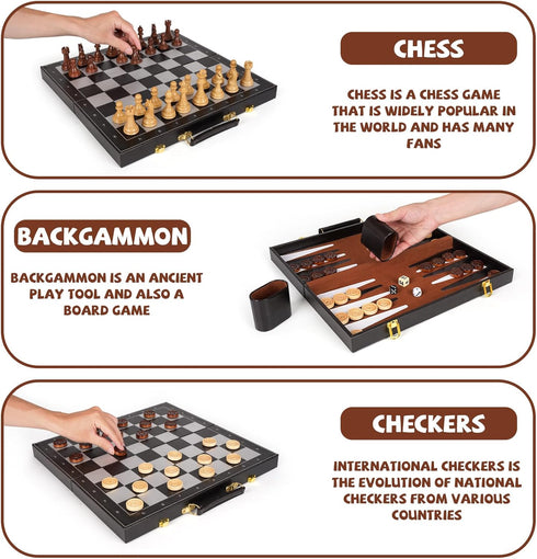 3 1 Set Backgammon Set, 15" Set, in Magnetic Chess & Checkers Board Game Wooden Folding Chess Board, Tournament