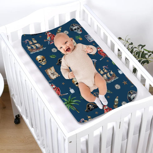Ocean Pirate Ship Skull Parrot Palm Trees Changing Pad Covers for Boys, Soft Breathable Fitted Diaper Change Table