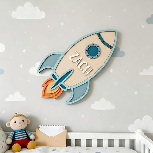 Personalized Rocket Name Sign for Kids Room, Custom Wooden Space Wall Decor