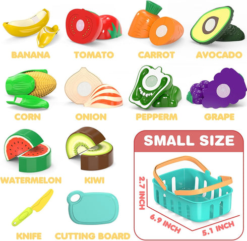 Cutting Play Food Toys for Kids, Pretend Kitchen Accessories, Fake Fruits/Vegetables Set with Storage Basket,