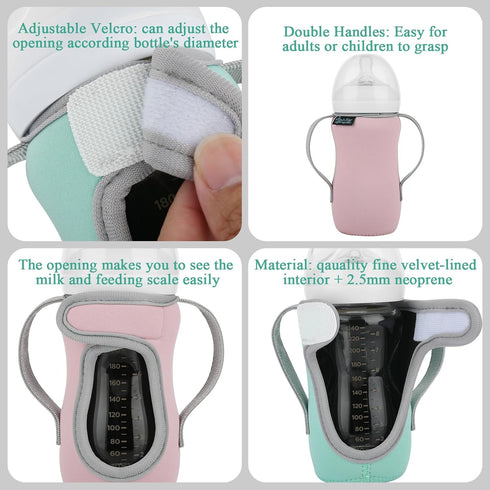 Beautyflier Set 2 (8-9 of Reusable Glass Baby Bottle Insulator Adjustable Sleeves with Double Handles Neoprene Holder