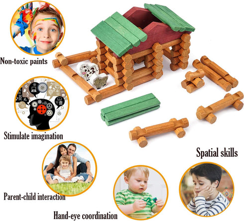 Wondertoys 170 Pieces Wood Logs Set - Classic Building Log Toys for Ages 3+, Creative Engineering Educational Gifts