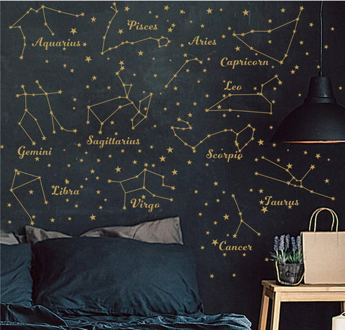 Constellation Wall Decal, Twelve Constellations Stars Wall Stickers for Nursery Room Zodiac Art Mural Decoration (Gold)