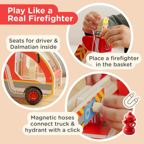 Set 3 2+ Nene Toys Wooden Fire Truck Toy FSC Fire Engine with Rotating Ladder, Magnetic Hose, Hydrant, Firefighters
