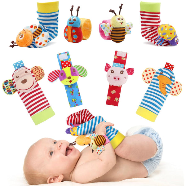 Bloobloomax Soft Baby Rattle Wrist Rattle Foot Finder Socks Set - Cotton and Plush Stuffed Infant Toys (8pcs-B Set)