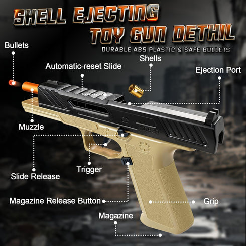 Shell Ejecting Toy Gun Pistol, Soft Bullet Toy Guns for Boys, Kids, Automatic Pull Back Action Toy Pistols, Fun