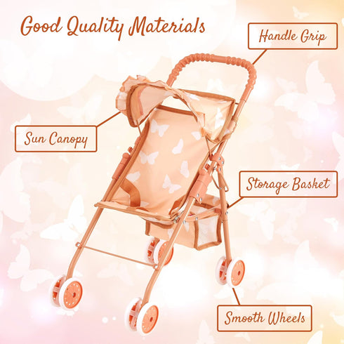 My First Baby Doll Stroller for Toddlers - Folding Toy Stroller for Dolls with Storage Basket and Canopy