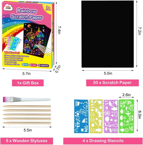 ZMLM Scratch Paper Art Set, 60 Pcs Rainbow Magic Scratch Paper for Kids with 5 Wooden Stylus for Halloween Party Game