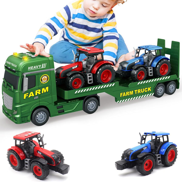 Yiwsnust Large Flatbed Semi Truck, 25.6 Large Farm Truck Toy with 2 Tractors,
