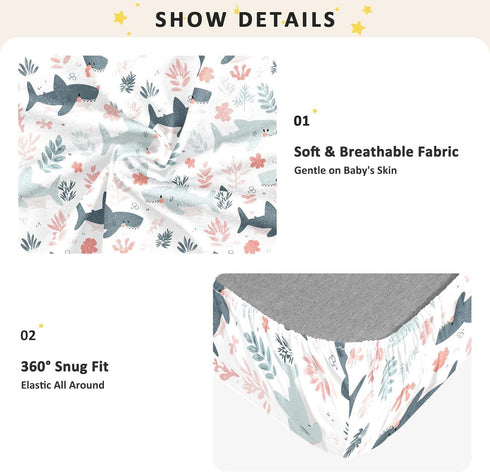 miaozhen 1 Pack 52x28 Cotton Baby Crib Sheets Comfy Breathable Cute Cartoon Tropical Shark White Toddler Mattresses