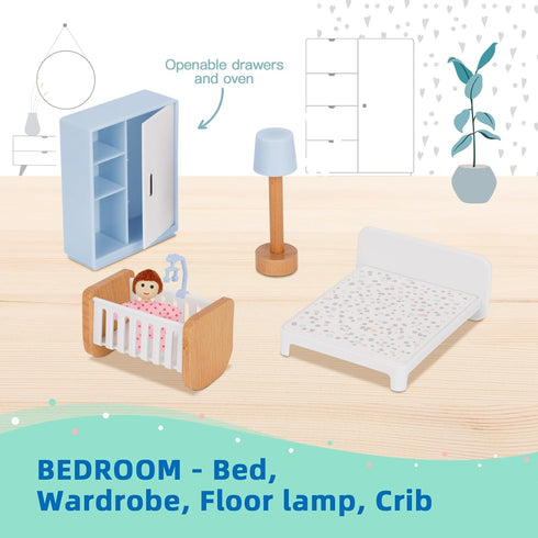 Set 26 4 Set 3+ OOOK Wooden Dollhouse Furniture for Kids, Pcs Dollhouse Accessories with Family Dolls and Dog