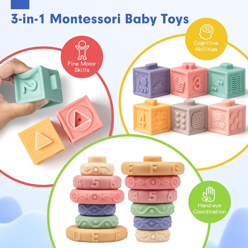 Jyusmile Baby Sensory Teething Toys Set, Montessori Baby Toys 6-12 Months, Rattle Teether & Soft Stacking Rings
