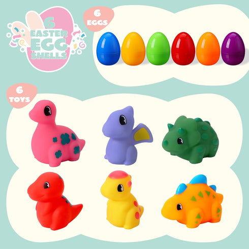 6 JOYIN Pcs Pre-Filled Easter Eggs with Light-up Floating Dinosaur Bath Toys for Kids Toddlers Easter Eggs Hunt, Basket