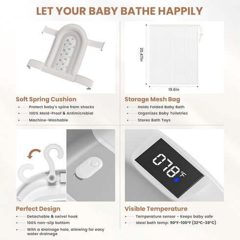 JoyYum 0-36 Collapsible Baby Bathtub with Soft Cushion and Thermometer, Newborn to Toddler Tub Months with Toy Storage
