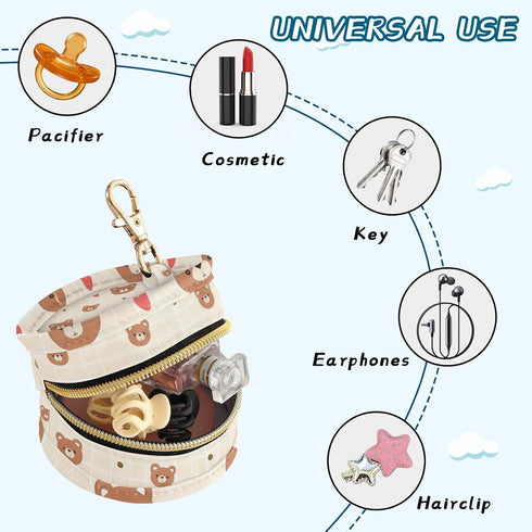 Bear Round Pacifier Storage Case with Zipper, Portable Pacifier Case for Travel, Diaper Bag & Purse, Pacifier Container