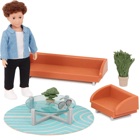 Lori Mini Boy Doll & Toy Living Room Furniture Set – 6-inch Doll with Sofa, Armchair, Coffee Table, Rug, Plants