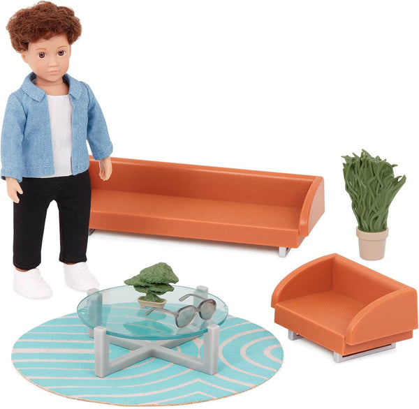 Lori Mini Boy Doll & Toy Living Room Furniture Set – 6-inch Doll with Sofa, Armchair, Coffee Table, Rug, Plants