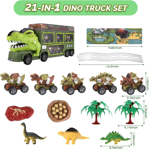 21 in 1 Dinosaur Truck Toys for 3-7 Year Olds, T-Rex Transport Car Carrier with 5 Pull Back Cars and 9 Dino Figures