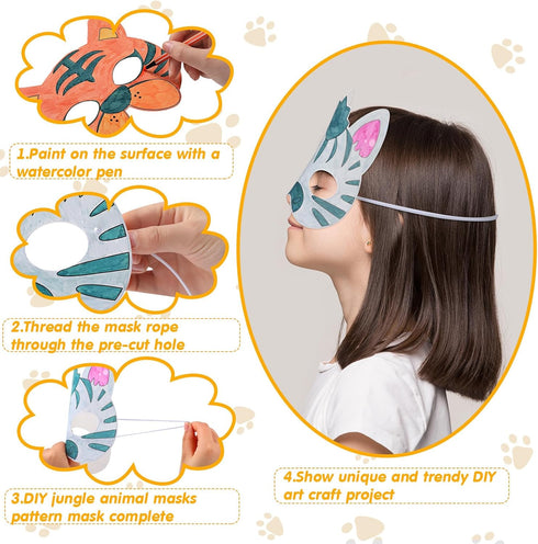 16 Set 24 Lenwen Animal Coloring Mask with Pcs Watercolor Pen Jungle Paper Arts Craft Kids Color Your Own Paper Masks