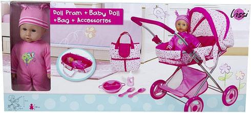 Lissi Deluxe Doll Pram with 13" Baby Doll, Includes Diaper Bag & Accessories for Ages 4 and Up