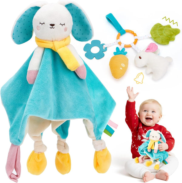 hahaland Baby Lovey Security Blanket, Plush Hanging Sensory Toy with Teether, Rattle