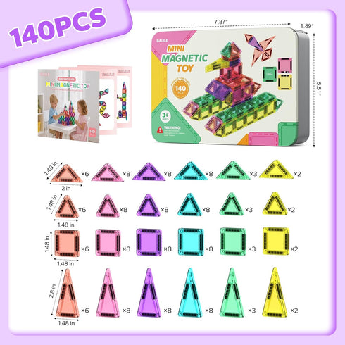 140PCS Set 4-8,Creativity Set,Toddler 3+ BAIJLE Mini Magnetic Tiles, Portable Magnetic Toys Travel with Iron Case