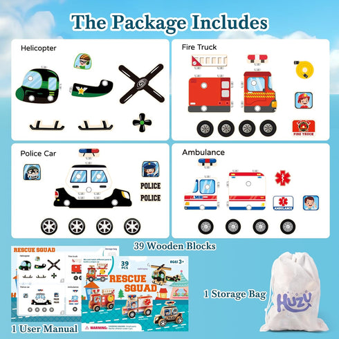 Emergency Vehicles 3D Puzzle Toy, HUZU Wooden Building Blocks for Kids 3-8, Fire Truck, Ambulance, Police Car Gifts