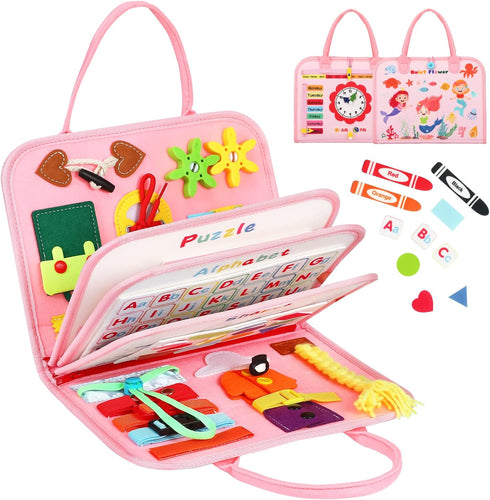 8 in 1 Toddler Busy Board for 1 Year Old, Montessori Toy for Basic Motor Skills, Kid Travel Essential (Pink)