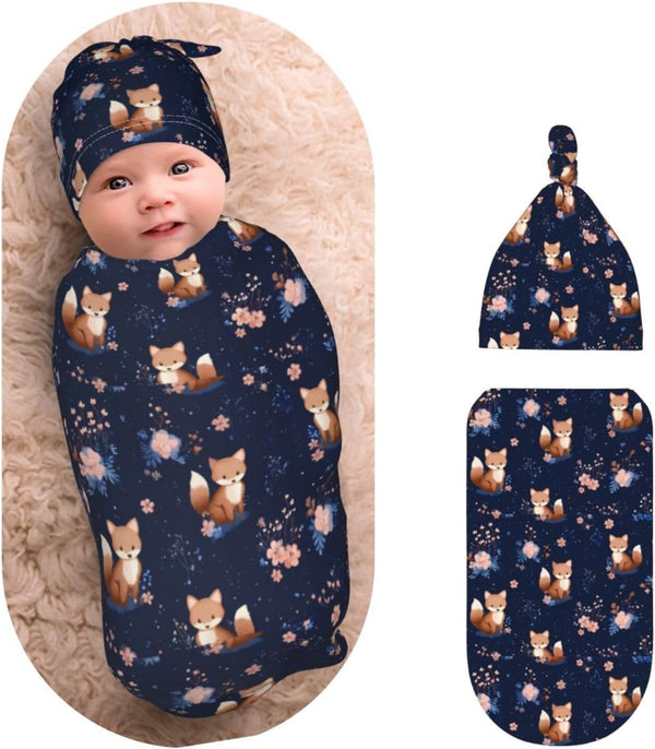 Nanyizly Cute Foxes Flowers Newborns Beanie Swaddle Blanket Set Baby Receiving Blankets for