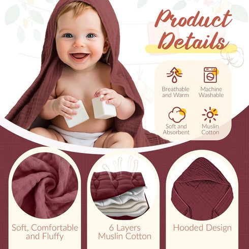 VitalCozy 12 (32 32 Inch,Multicolor) Pcs Baby Muslin Hooded Bath Towels and Washcloths Muslin Cotton Hooded Baby Towels