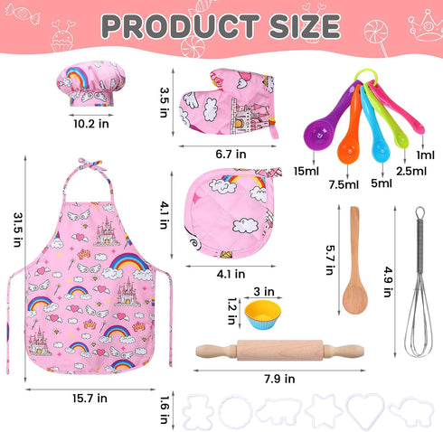 FunsLane Set, 2 Set, Kids Cooking and Baking Chef Pcs Apron (Pink Green) Chef Hat Accessories Complete Cooking Dress Up