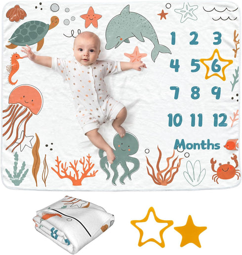 Ocean Baby Monthly Blanket for Girls, Newborn Month Blanket, Soft Flannel Photography