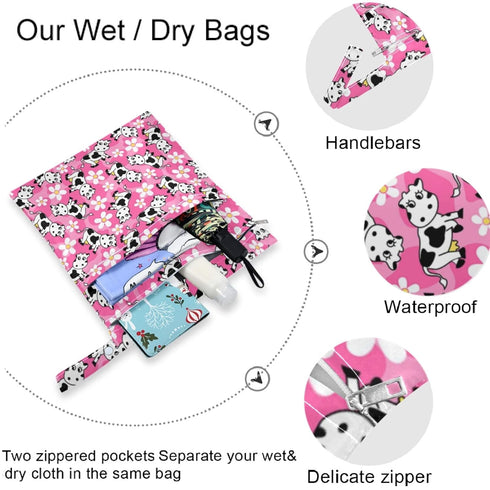 visesunny 2Pcs 2 Cute Cow Flower Wet Bag with Zippered Pockets Snap Handle Washable Reusable Roomy