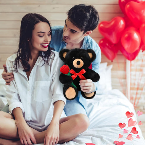 Black Bear Plush Stuffed Animal, 11.8 Inches Black Bear with Rose, Cute Gifts for Kids Toddler Girlfriend