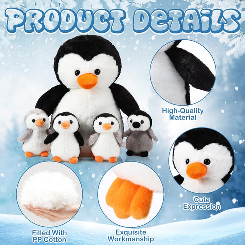 5 Set 14 Inch Mommy 4 Pcs Stuffed Animal Penguin Plush Toy Penguin Stuffed Animal with Cute Babies in Zippered Belly