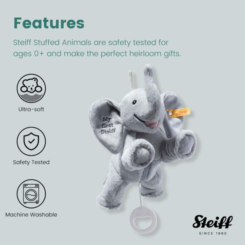 Steiff Ellie Elephant Musical Pull Toy - 10 Inch Light Grey Plush with Peaceful Lullaby, Machine Washable
