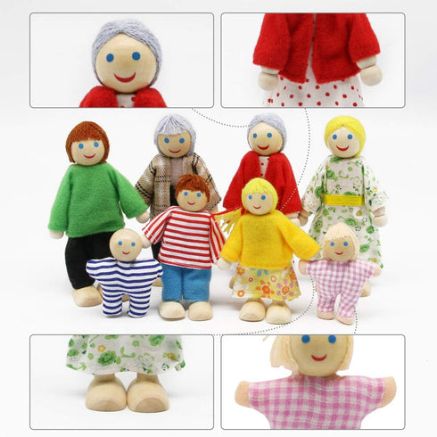 Lovely Happy Dollhouse Dolls Family Set - 8 Wooden Figures for Children House Pretend Gift