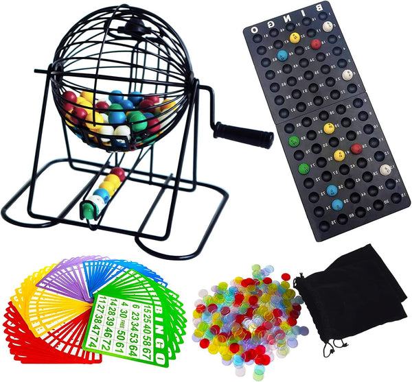 Yuanhe Deluxe Bingo Game Set - Metal Round Cage, 75 Colored Balls, 50 Cards, 300 Mixed Chips & Master Board