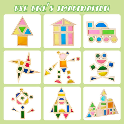 Set 32 Set WOODENFUN Wood Building Blocks for Kids, Pcs Rainbow Stacker Stacking Game Construction Toys Preschool