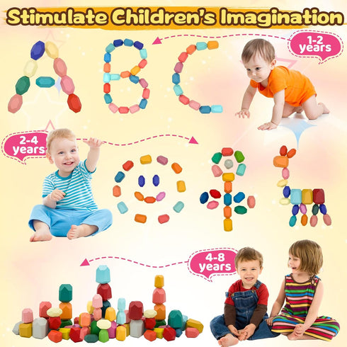 MEGRANATE 39PCS 3+ Montessori Wooden Stacking Rocks Toys Colorful Stacking Stones Building Blocks Games Sensory Toy