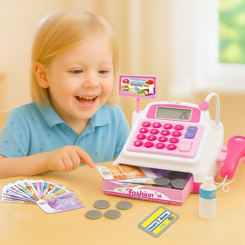 Ice Cream Store Mini Cash Register with Pretend Play Desserts, Working Scanner, Calculator, Microphone, Money