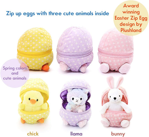 Plushland Plush Stuffed Animal - 6 Inches Zip Up Egg Hideaway Cute Yellow Pastel and Polka Dot Easter Colors Gift