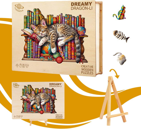 Wooden Puzzles for Adults - Snoozing Cat Wooden Jigsaw Puzzles, Unique Animal Shape Gift for Cat Lovers