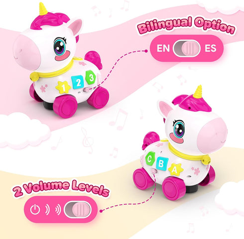 MOISTAR 1 6-12 6-12-18 Bilingual Musical Crawling Toy for Year Old Girl Gifts,Musical Unicorn Toys for Baby Months,Baby